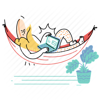 hammock, laptop, computer, banana, remote, relax